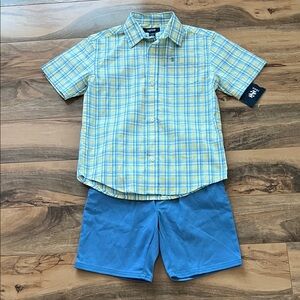 Izod Boys 2-Piece Shirt & Shorts Set 7 XL NWT Blue Yellow Plaid